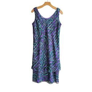 Vintage Patra Purple & Teal Paisley Sleeveless Tiered Dress,  Size 14, USA Made